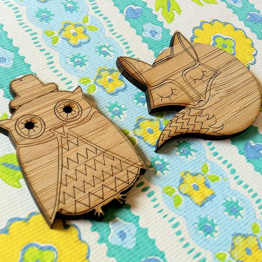 Crafty Cuts Laser Bamboo_etched Owl and Fox Duo - Bamboo